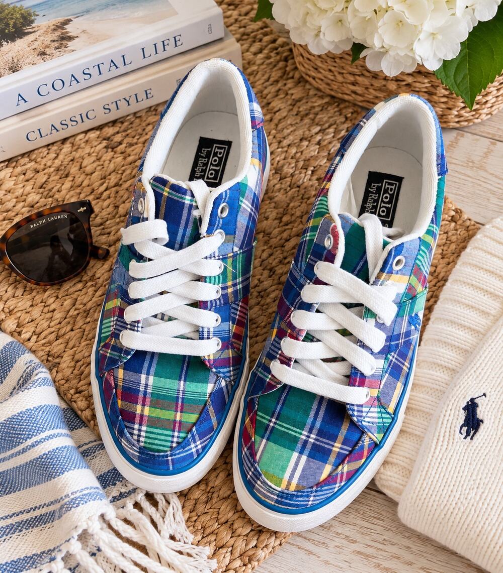Polo Ralph Lauren Madras Plaid Sneakers Mens 9D NWT Preppy Canvas Shoes